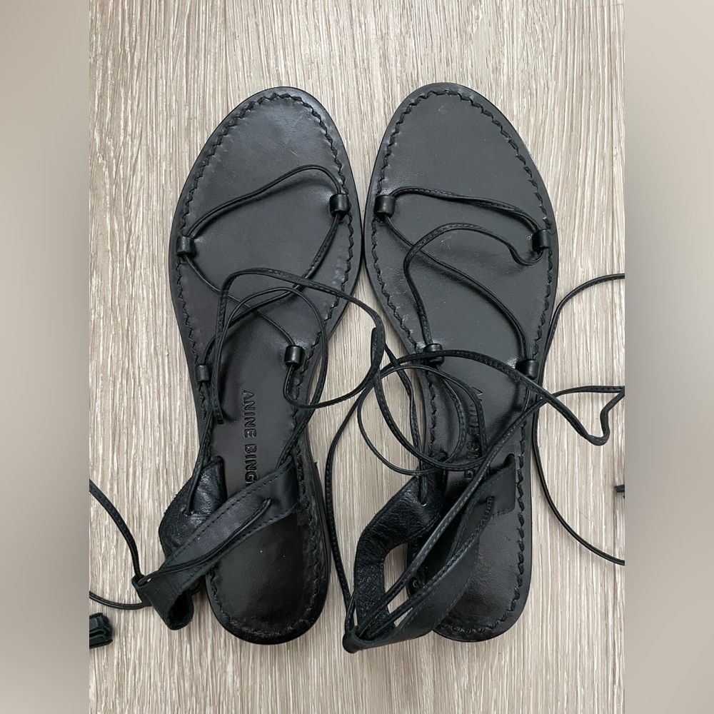 CONSIGNED ANINE BING Black Strappy Gladiator Ankle Wrap Sandals 36 6